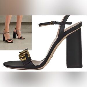 Gucci Marmot Wavy Double G Black Leather Sandals